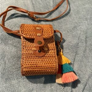 Brown Woven Crossbody Bag with Tassel